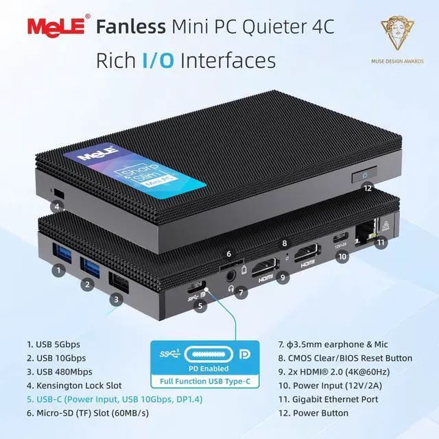 Alt view image 5 of 5 - MeLE Mini PC N150 (up to 3.6GHz) Quieter 4C Fanless Small Computers 8GB LPDDR5 128GB, Support 2X HDMI + USB-C Triple Display WiFi 5 BT 5.1 Gigabit Ethernet, on Digital Signage, MES, WMS, IoT, Office