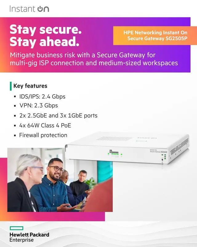 Alt view image 4 of 5 - HPE Networking Instant On Secure Gateway SG2505P 5-Port 2.5G Smart-Managed Gateway with PoE, 2X 2.5GBase-T, 3X 1GBase-T, 60W PoE Class 4, US Cord (S0G34A#ABA)