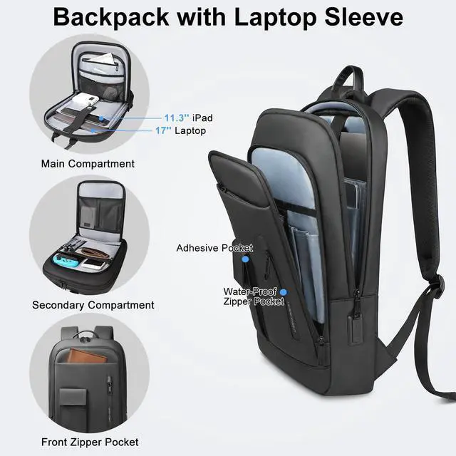 Alt view image 3 of 5 - Slim Backpack for Men Women, 17.3 Inch Business Laptop Backpack with USB Charging Port, Lightweight Anti-theft Travel Computer Backpacks,Water-resistant Casual Daypack Bag for College Work Daily-Black