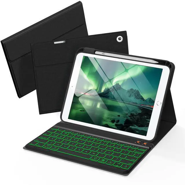 Main image of Senyoson Folio Keyboard Case for iPad 9.7 inch 6th 2018, 5th 2017, Air 2 2014 Released, Magnetic Wireless Detachable Keyboard, 7-Color Backlight, Thin & Light, Pencil Holder (Black)