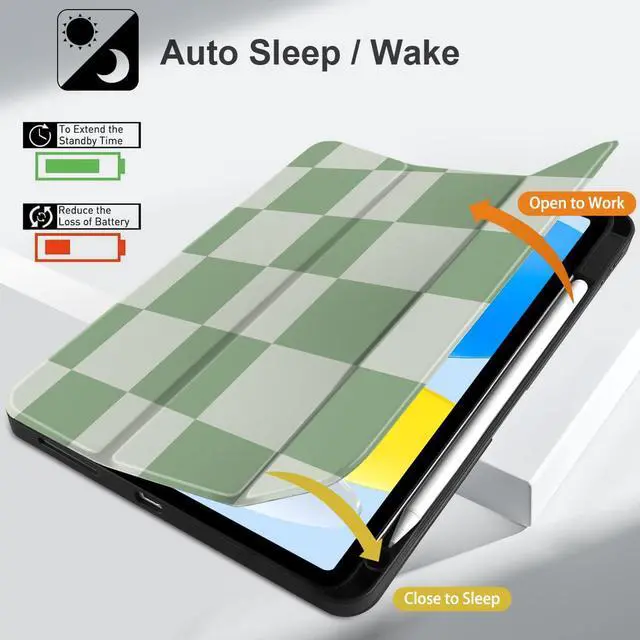 Alt view image 3 of 5 - MEEgoodo Case for iPad A16 11th Generation 11 inch 2025/iPad 10th Generation 10.9 inch 2022, Tablet Cover with Trifold Stand + Pencil Holder + Auto Wake/Sleep + Soft TPU Back Cover, Green Checkered