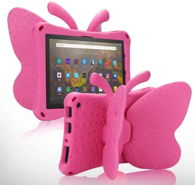 Main image of FunnyWin Kindle Fire Max 11 Tablet Case Kids Girl Butterfly Case with Kickstand Light EVA Full Boby Rugged Shockproof Kid-Proof Fire Max11 Kids Tablet Case for Girls Kids Gift (Rose)