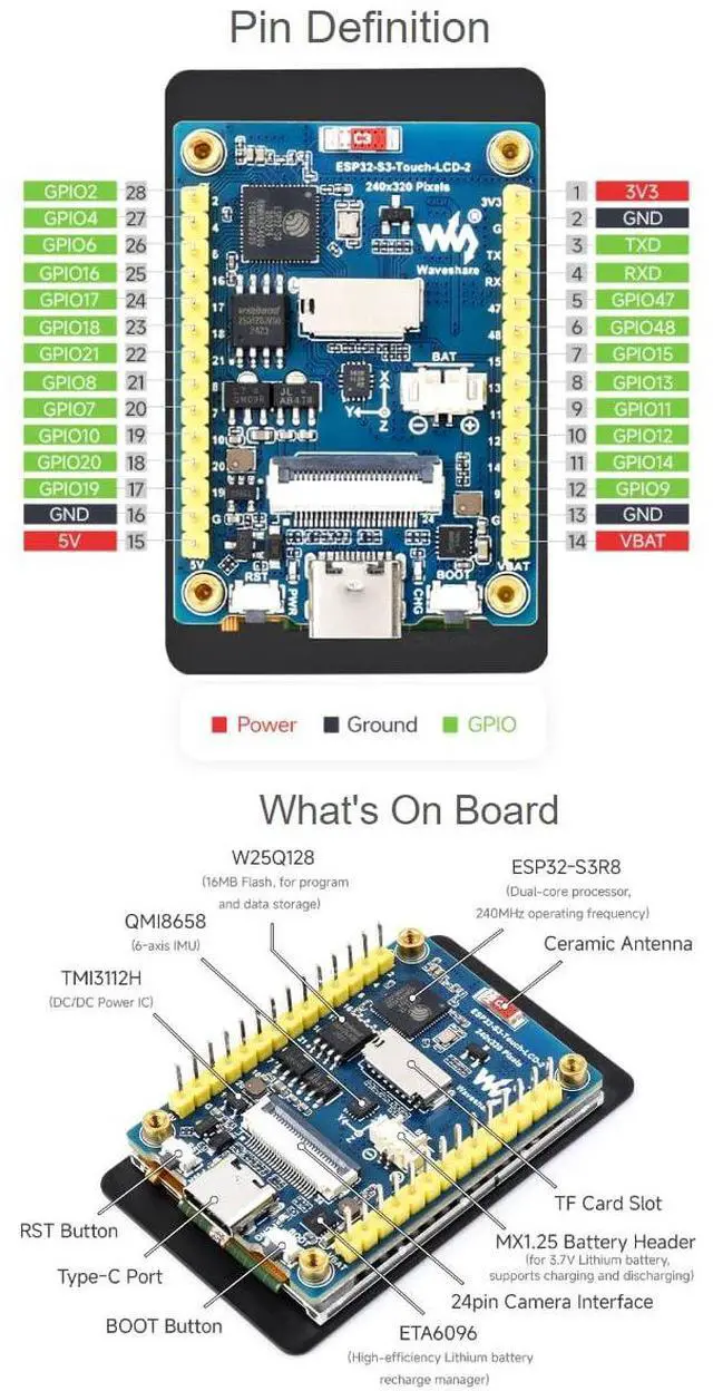 Alt view image 5 of 5 - waveshare ESP32-S3 2inch Capacitive Touch Display Development Board 240×320 Pixels IPS Screen Embedded with ST7789T3 Driver and CST816D Chip,Supports WiFi & Bluetooth