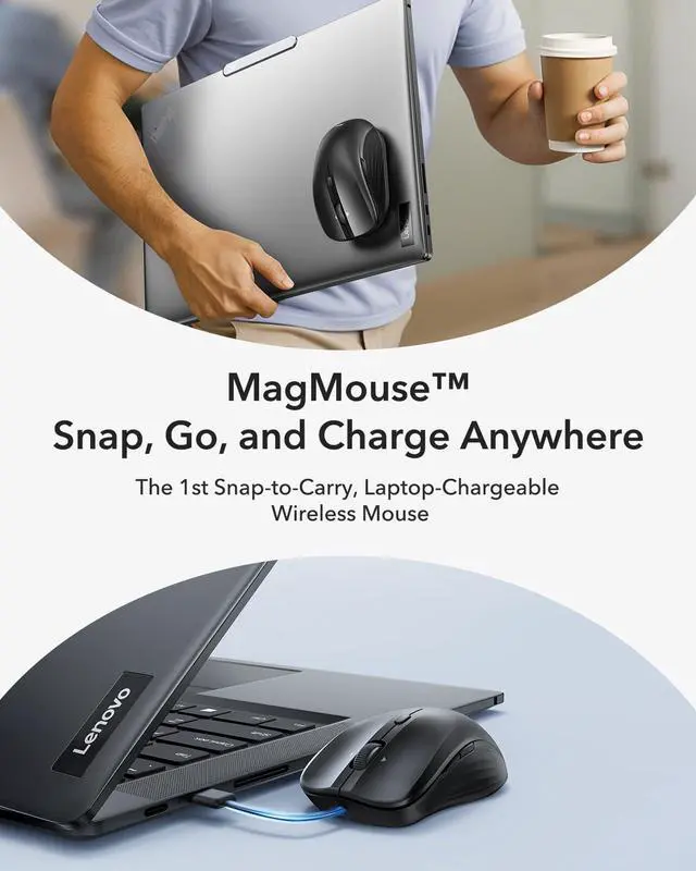 Alt view image 2 of 5 - ESR MagMouse Snap-to-Carry Bluetooth Mouse, Rechargeable Wireless Mouse for Laptop with Built-in Charging Cable, Reusable Adhesive Holder, BT 5.0 + 2.4 GHz Connectivity, Silent, Ergonomic, Black
