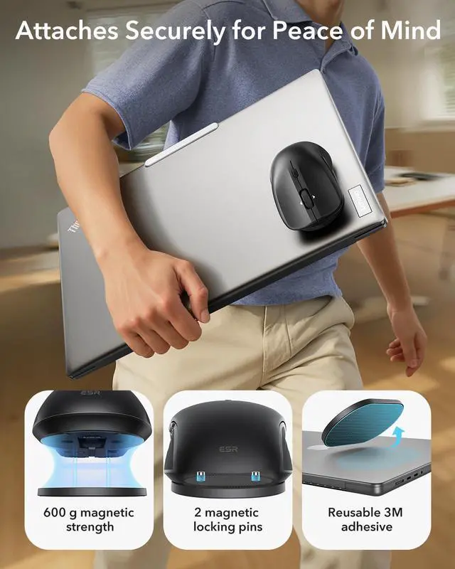 Alt view image 4 of 5 - ESR MagMouse Snap-to-Carry Bluetooth Mouse, Rechargeable Wireless Mouse for Laptop with Built-in Charging Cable, Reusable Adhesive Holder, BT 5.0 + 2.4 GHz Connectivity, Silent, Ergonomic, Black