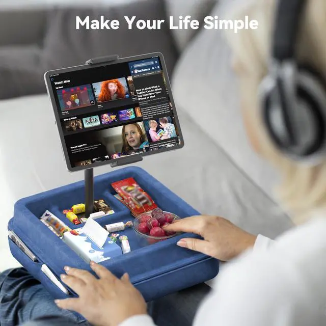 Alt view image 2 of 5 - KDD Tablet Pillow Holder - 360°Adjustable iPad Pillow Stand for Lap, Bed and Desk - Gooseneck Tablet Soft Pad Dock with Storage Tray and Pocket Compatible with iPad Pro 12.9, Air Mini, Phone,(Blue)