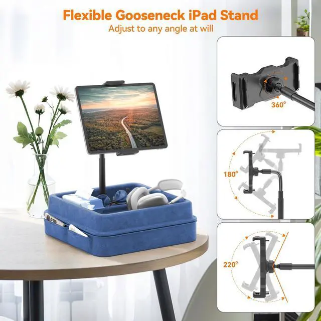 Alt view image 3 of 5 - KDD Tablet Pillow Holder - 360°Adjustable iPad Pillow Stand for Lap, Bed and Desk - Gooseneck Tablet Soft Pad Dock with Storage Tray and Pocket Compatible with iPad Pro 12.9, Air Mini, Phone,(Blue)
