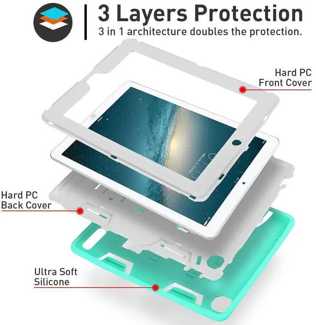 Alt view image 2 of 5 - AICase iPad 2, iPad 3, iPad 4, Kickstand Shockproof Heavy Duty High Impact Resistant Rugged Hybrid Three Layer Armor Full Body Protection Case with Stylus (Mint Blue+Grey)