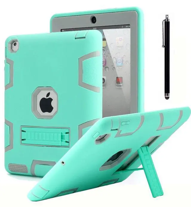 Main image of AICase iPad 2, iPad 3, iPad 4, Kickstand Shockproof Heavy Duty High Impact Resistant Rugged Hybrid Three Layer Armor Full Body Protection Case with Stylus (Mint Blue+Grey)