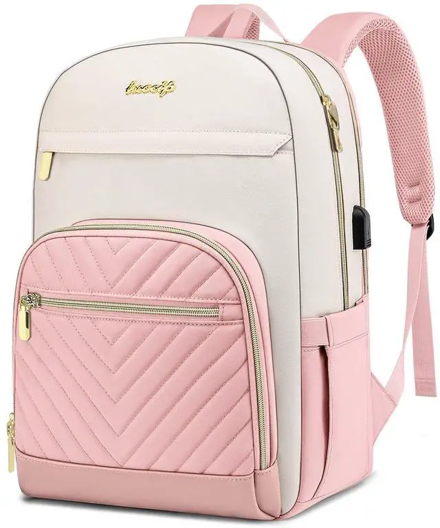 Main image of Laptop Backpack for Women Work Bookbag: 15.6 Inch College Backpacks with USB Charger Anti-Theft School Book Bag for Students Causal Travel Bookbags for Girls Nurse Teacher Back Pack Beige Pink