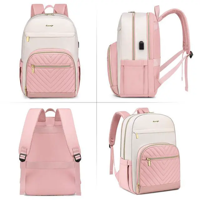 Alt view image 2 of 5 - Laptop Backpack for Women Work Bookbag: 15.6 Inch College Backpacks with USB Charger Anti-Theft School Book Bag for Students Causal Travel Bookbags for Girls Nurse Teacher Back Pack Beige Pink