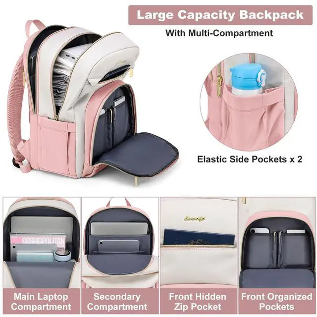 Alt view image 3 of 5 - Laptop Backpack for Women Work Bookbag: 15.6 Inch College Backpacks with USB Charger Anti-Theft School Book Bag for Students Causal Travel Bookbags for Girls Nurse Teacher Back Pack Beige Pink