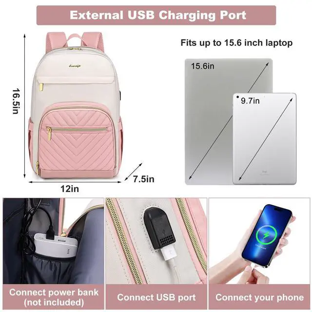 Alt view image 4 of 5 - Laptop Backpack for Women Work Bookbag: 15.6 Inch College Backpacks with USB Charger Anti-Theft School Book Bag for Students Causal Travel Bookbags for Girls Nurse Teacher Back Pack Beige Pink
