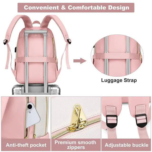 Alt view image 5 of 5 - Laptop Backpack for Women Work Bookbag: 15.6 Inch College Backpacks with USB Charger Anti-Theft School Book Bag for Students Causal Travel Bookbags for Girls Nurse Teacher Back Pack Beige Pink