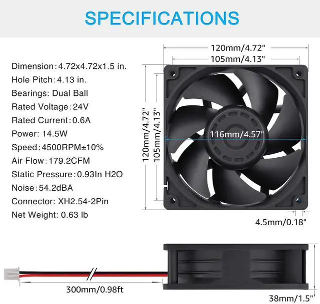 Alt view image 2 of 5 - GDSTIME High Airflow 24V 120mm x 120mm x 38mm Dual Ball Bearing 5 Inch Brushless Cooling Fan