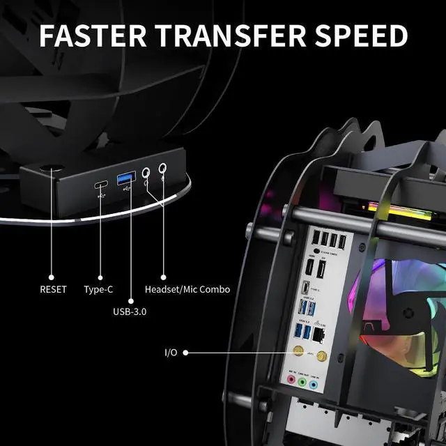 Alt view image 5 of 5 - MegaPC Upgraded PC Case Heavy Duty Open-Frame Mid-Tower Micro-ATX/Mini-ITX Gaming, Tempered Glass Side Panel, Pre-Installed ARGB PWM Fan, with USB3.0, USB-C, 240mm Radiator Support (Upgrade-Black)