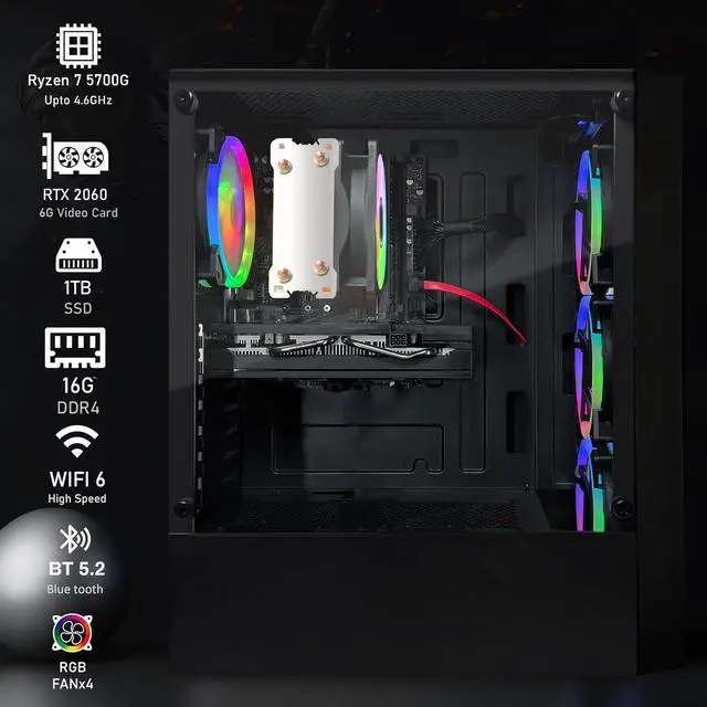 Alt view image 2 of 5 - STGAubron Gaming PC Computer Desktop, AMD Ryzen 7 5700G up to 4.6G, GeForce RTX 2060 6G, 16G DDR4, 1T SSD, WiFi 6, BT 5.2, RGB Fan x4, Windows 11 Home