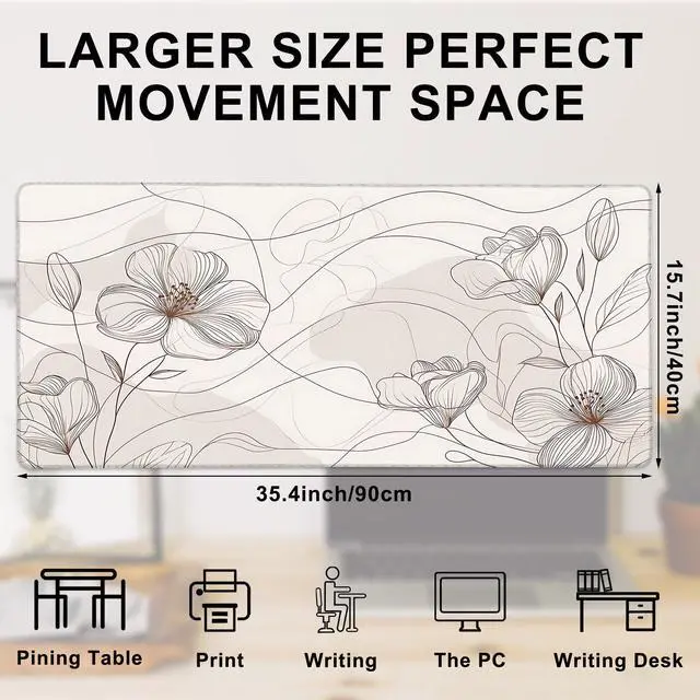 Alt view image 2 of 5 - Desk Pad, Abstract Boho Minimalist Line Flowers Large Gaming Mouse Pad,Desk Mat for Keyboard and Mouse with Stitched Edges and Non-Slip Rubber Base for Work Game Office Home 35.4x15.7in