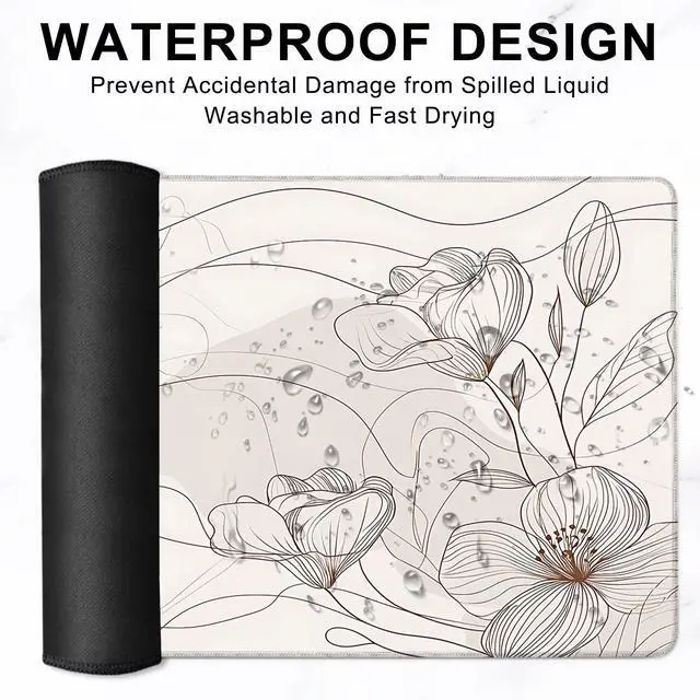 Alt view image 5 of 5 - Desk Pad, Abstract Boho Minimalist Line Flowers Large Gaming Mouse Pad,Desk Mat for Keyboard and Mouse with Stitched Edges and Non-Slip Rubber Base for Work Game Office Home 35.4x15.7in