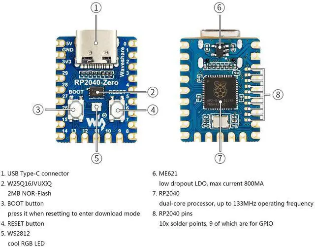 Alt view image 4 of 5 - 3PCS RP2040-Zero Mini Board, Pico-Like MCU Board Based on Raspberry Pi MCU RP2040, Dual-Core Arm Cortex M0+ Processor, Onboard 2MB Flash Memory, Type-C USB Connector, Support C/C++MicroPython