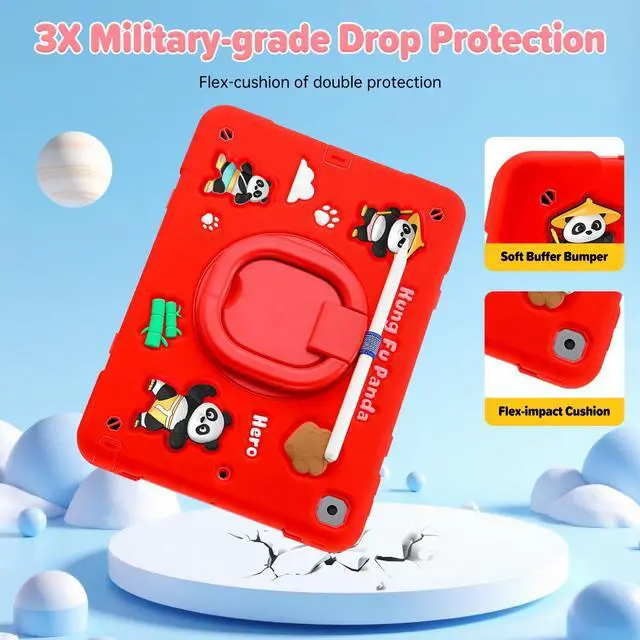 Alt view image 3 of 5 - YVYI Case for iPad 9th/8th/7th Generation, iPad 10.2 Inch 2021/2020/2019, Funny Cartoon Silicone 3D Panda Design Kids Case Heavy Duty Protection with Stand/Pencil Holder/Shoulder Strap (Red)