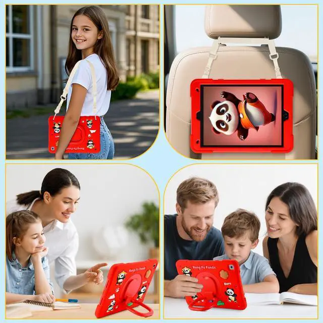 Alt view image 5 of 5 - YVYI Case for iPad 9th/8th/7th Generation, iPad 10.2 Inch 2021/2020/2019, Funny Cartoon Silicone 3D Panda Design Kids Case Heavy Duty Protection with Stand/Pencil Holder/Shoulder Strap (Red)