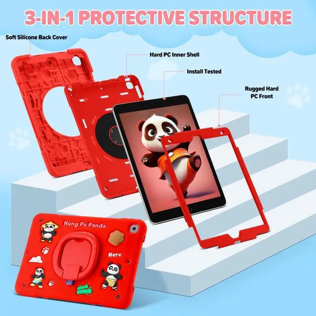 Alt view image 4 of 5 - YVYI Case for iPad 9th/8th/7th Generation, iPad 10.2 Inch 2021/2020/2019, Funny Cartoon Silicone 3D Panda Design Kids Case Heavy Duty Protection with Stand/Pencil Holder/Shoulder Strap (Red)