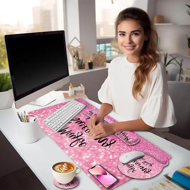 Alt view image 2 of 5 - LIMKRIAN Pink Mouse Pad Set, Ergonomic Mouse Pad with Wrist Rest Keyboard Wrist Support, Large Desk Matt for Desktop, Gaming Mousepad Cup Coaster Set, Cute Pink Office Desk Accessories Decor Supplies