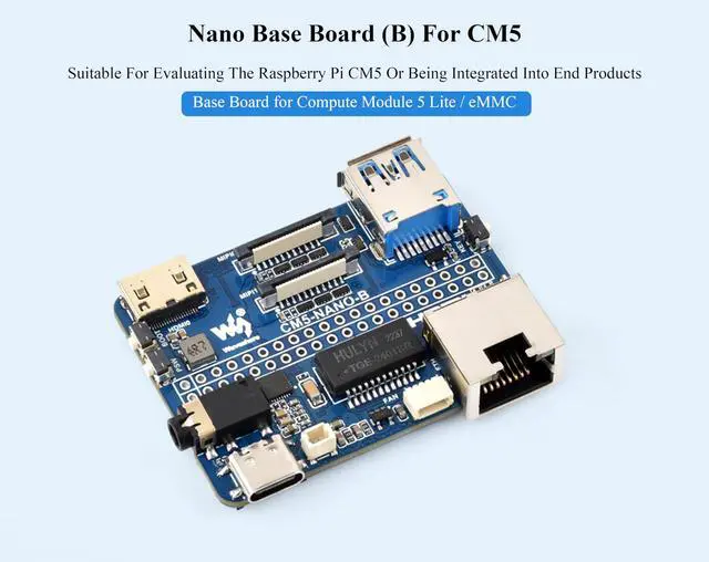 Alt view image 2 of 5 - Nano Base Board Compatible with Raspberry Pi Compute Module 5 Lite/eMMC, Same Size As CM5, with Multiple Peripheral Interfaces, with USB 3.2 Gen1 Type-A, 40PIN GPIO, Dual MIPI Interfaces, Audio,etc