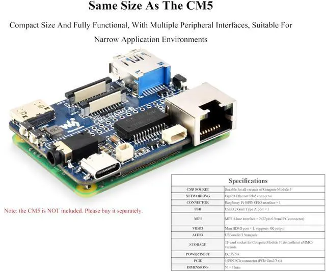 Alt view image 3 of 5 - Nano Base Board Compatible with Raspberry Pi Compute Module 5 Lite/eMMC, Same Size As CM5, with Multiple Peripheral Interfaces, with USB 3.2 Gen1 Type-A, 40PIN GPIO, Dual MIPI Interfaces, Audio,etc