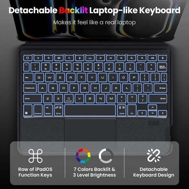 Alt view image 3 of 5 - Nillkin iPad Pro 11 inch (M4, 2024) Case with Detachable Keyboard, Adhesive Cover with Keyboard, Magic Trackpad, 7-Color Backlit, Adjustable Stand, Slim Magnetic Backplate with iPad Wall Mount, Black