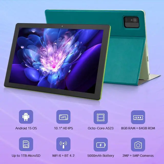 Alt view image 2 of 5 - Tablet 10 inch Android 15 Tablets, 8GB RAM 64GB ROM, Expandable to 1TB, Octa-Core, HD IPS Display, 5G WiFi 6, GMS Certified, Computer Tablets for Adults with Case - Green