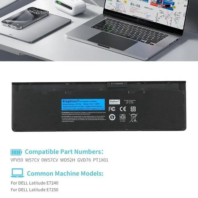 Alt view image 2 of 5 - KingSener VFV59 52WH Laptop Battery for Dell Latitude E7240 E7250 Ultrabook Notebook WD52H KWFFN GD076 9C26T GVD76 HJ8KP NCVF0 J31N7 451-BBFW 451-BBFX DL011311-PLP22G01 PT1 X01 7.6V