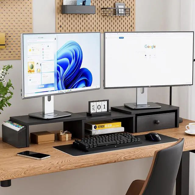 Alt view image 2 of 5 - VERSASKY Dual Monitor Stand Riser, Adjustable Length & Swivel Angle Monitor Stand, Ergonomic Monitor Stand with Drawer & Side Pockets, Desktop Organizer and Office Desk Accessories, Black