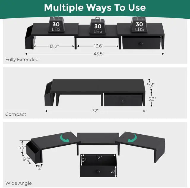 Alt view image 3 of 5 - VERSASKY Dual Monitor Stand Riser, Adjustable Length & Swivel Angle Monitor Stand, Ergonomic Monitor Stand with Drawer & Side Pockets, Desktop Organizer and Office Desk Accessories, Black