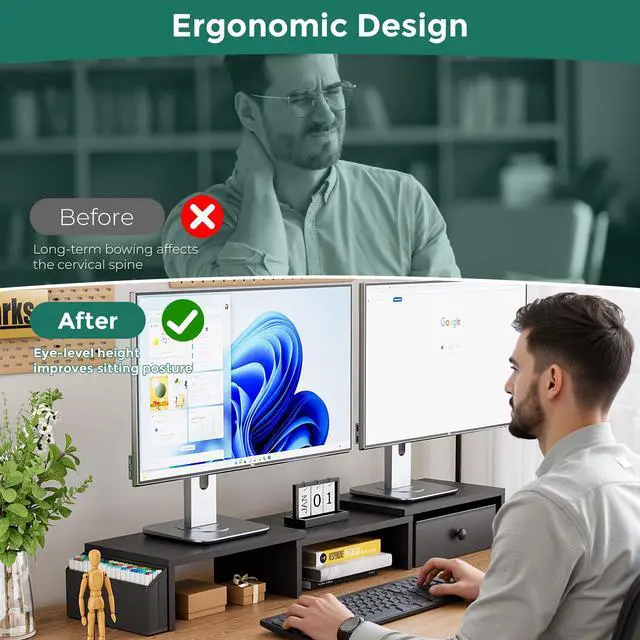 Alt view image 4 of 5 - VERSASKY Dual Monitor Stand Riser, Adjustable Length & Swivel Angle Monitor Stand, Ergonomic Monitor Stand with Drawer & Side Pockets, Desktop Organizer and Office Desk Accessories, Black