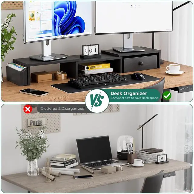 Alt view image 5 of 5 - VERSASKY Dual Monitor Stand Riser, Adjustable Length & Swivel Angle Monitor Stand, Ergonomic Monitor Stand with Drawer & Side Pockets, Desktop Organizer and Office Desk Accessories, Black