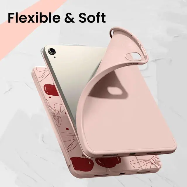 Alt view image 5 of 5 - KFQDC for iPad A16 11 Inch 2025 /for iPad 10th Generation 10.9 Inch 2022 Pink iPad Case with Pencil Holder-[Auto Wake/Sleep], Trifold Stand Soft TPU Protective Cover, Cute Cherry Bows