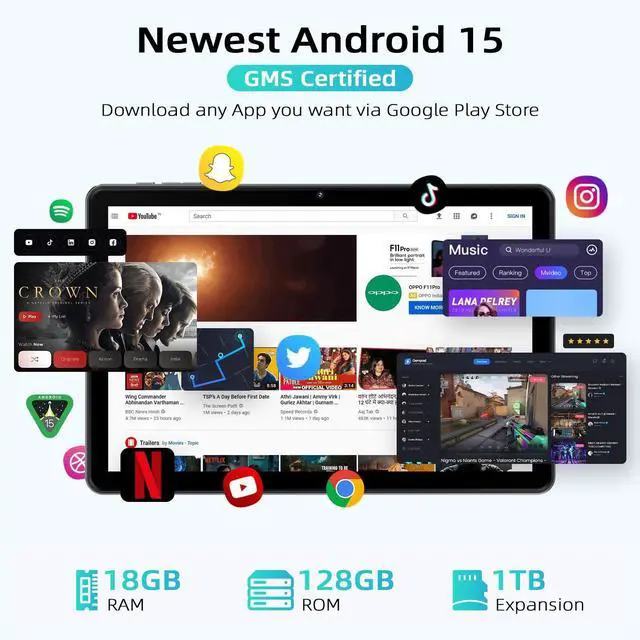 Alt view image 3 of 5 - 10 Inch Tablet Android 15 Tablets with Octa-core Cortex,18GB RAM 128GB ROM/1TB TF,Widevine L1,Gaming Tablet HD Display Touchscreen,Dual Speakers,8MP+5MP,5G WiFi,6000mAh Bluetooth,GMS,Face unlock