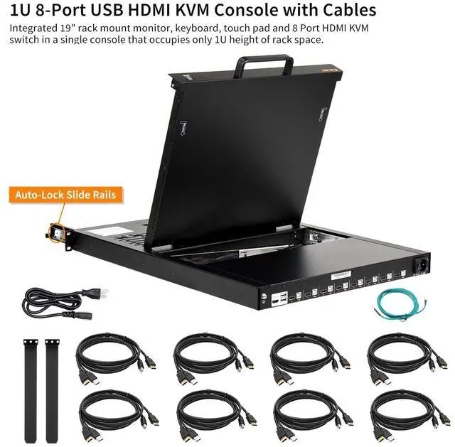 Alt view image 2 of 5 - 1U Rack Mount KVM Console Built-in 8 Port HDMI KVM Switch, 19" Rackmount Monitor, Keyboard and Touchpad, OSD/Hotkey/Button Switching,1280X1024@60Hz, 5:4 Aspect Ratio, Incl. KVM Cable and Ground Wire