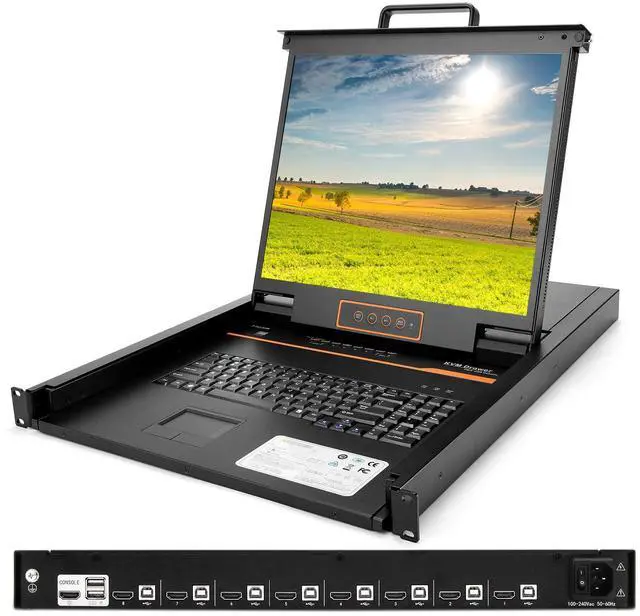 Main image of 1U Rack Mount KVM Console Built-in 8 Port HDMI KVM Switch, 19" Rackmount Monitor, Keyboard and Touchpad, OSD/Hotkey/Button Switching,1280X1024@60Hz, 5:4 Aspect Ratio, Incl. KVM Cable and Ground Wire