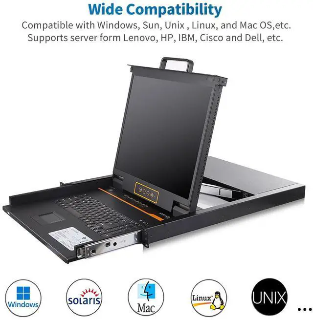 Alt view image 3 of 5 - 1U Rack Mount KVM Console Built-in 8 Port HDMI KVM Switch, 19" Rackmount Monitor, Keyboard and Touchpad, OSD/Hotkey/Button Switching,1280X1024@60Hz, 5:4 Aspect Ratio, Incl. KVM Cable and Ground Wire