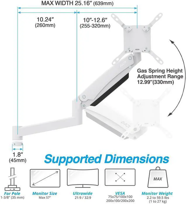 Alt view image 2 of 5 - AVLT Single 57 Inch Heavy Duty Monitor Arm Add-On Kit for Pole Top Mount-White, Fits 1.38" Pole, for Super Ultrawide Screen, Supports 59.5lbs (27kg), VESA Compatible, Workspace Upgrade Extension Arm