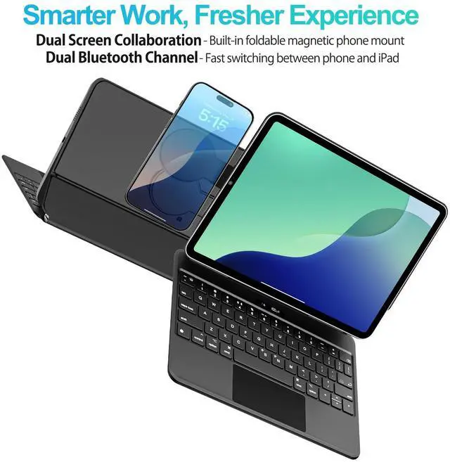 Alt view image 2 of 5 - Jibrealg Keyboard Case for iPad 11th (A16, 2025) & iPad 10th Gen, Ultra-Slim Magic Keyboard with Magnetic Phone Stand, Dual Bluetooth Channel, Floating Cantilever Stand with Multi-Touch Trackpad