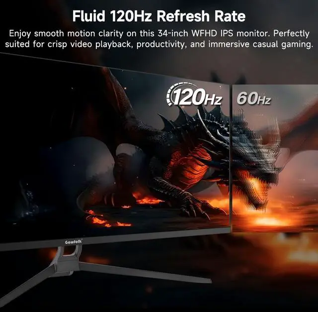 Alt view image 3 of 5 - Gawfolk Gaming Monitor 34 inch IPS 120Hz, Ultrawide PC Screen 2560×1080P Ultra-Thin Zero Frame Computer Display for Home Office Business, DP, HDMI, Wall-Mounted, Black