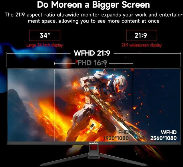 Alt view image 4 of 5 - Gawfolk Gaming Monitor 34 inch IPS 120Hz, Ultrawide PC Screen 2560×1080P Ultra-Thin Zero Frame Computer Display for Home Office Business, DP, HDMI, Wall-Mounted, Black