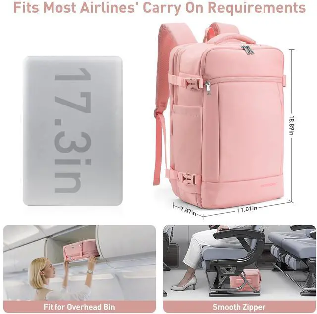 Alt view image 3 of 5 - SHOWKOO Travel Backpack For Man Women, Airline Approved Carry On Laptop Backpack For Business, 40L Expandable Large Capacity Backpack, Pink