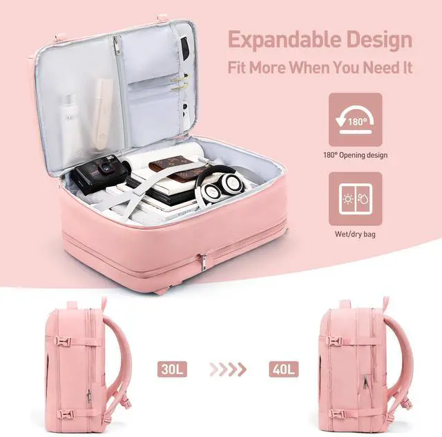 Alt view image 5 of 5 - SHOWKOO Travel Backpack For Man Women, Airline Approved Carry On Laptop Backpack For Business, 40L Expandable Large Capacity Backpack, Pink