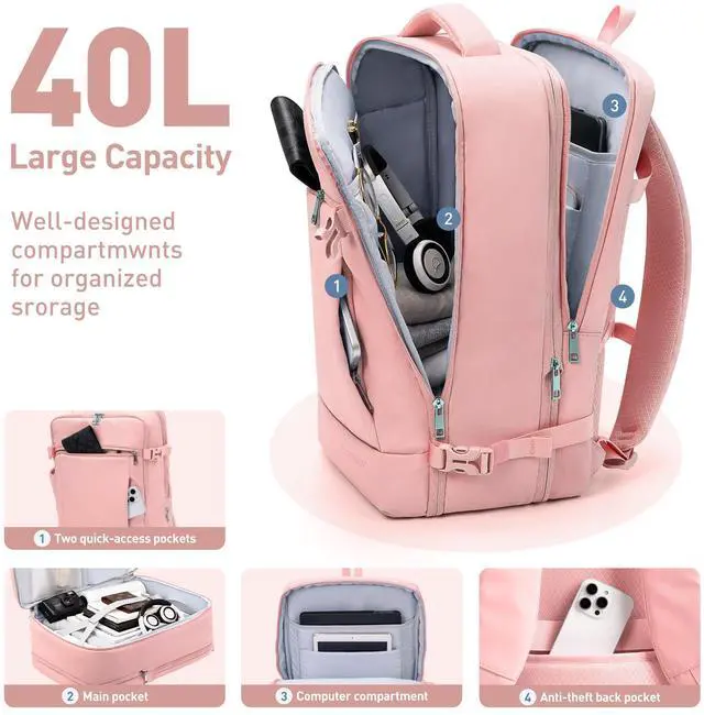 Alt view image 4 of 5 - SHOWKOO Travel Backpack For Man Women, Airline Approved Carry On Laptop Backpack For Business, 40L Expandable Large Capacity Backpack, Pink