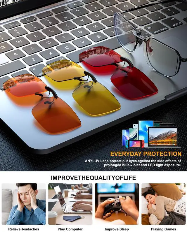 Alt view image 5 of 5 - ANYLUV Clip On Blue Light Blocking Glasses Lightweight Rectangle Blue Light Glasses Men for Computer Gaming, Anti Eye Strain